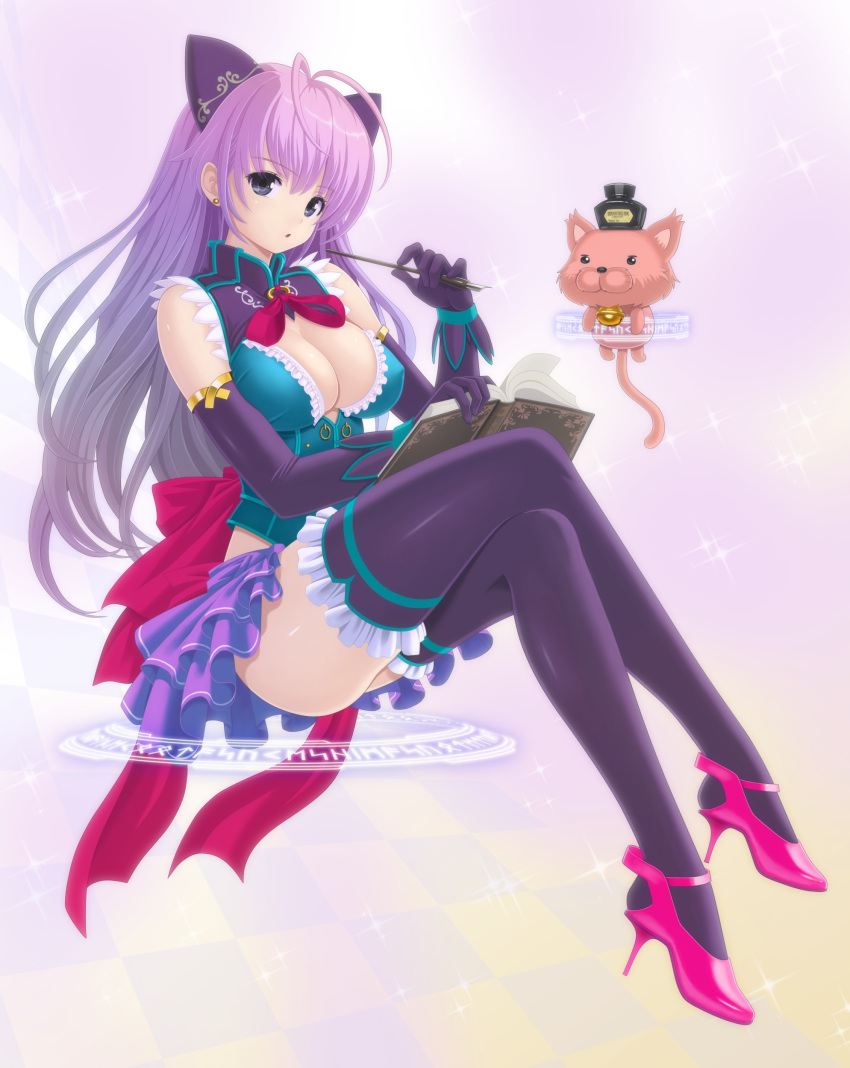 1girl absurdres animal_ears antenna_hair bare_shoulders black_gloves black_legwear book breasts cat cat_ears checkered checkered_background cleavage crossed_legs elbow_gloves erect_nipples female gloves hat high_heels highres holding kanzeon large_breasts legs long_hair long_legs looking_at_viewer magic_circle open_mouth original pen purple_eyes purple_hair shoes sitting skirt solo thigh-highs thighhighs thighs violet_eyes