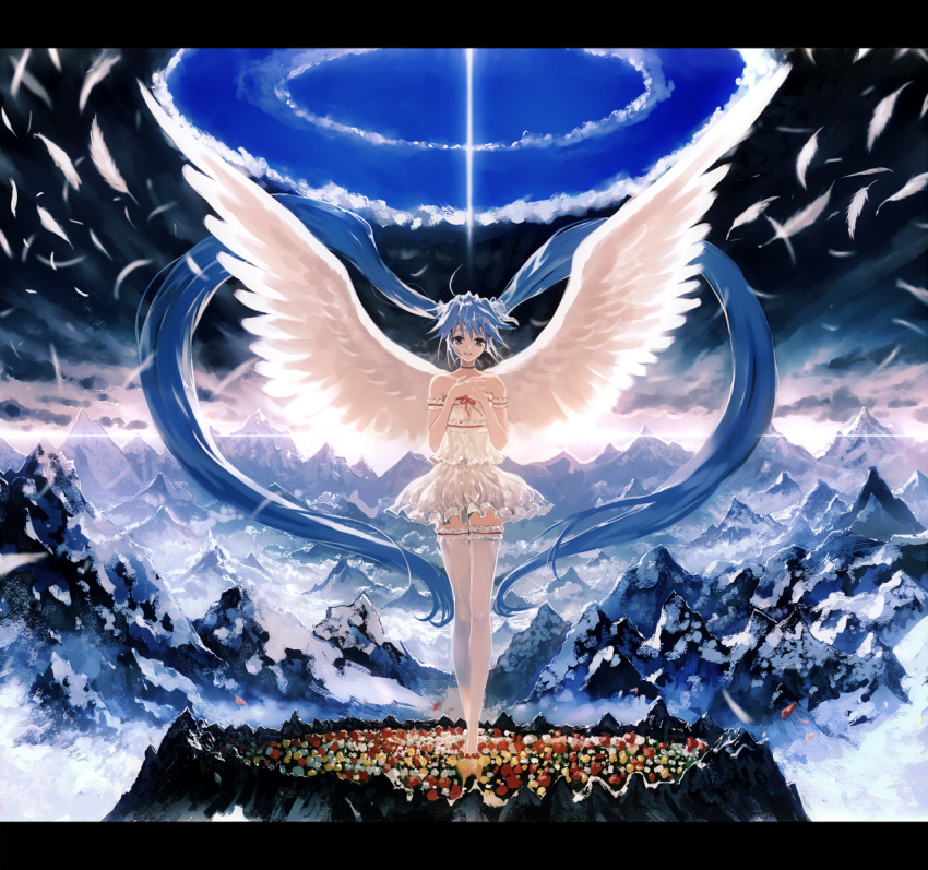 1girl angel angel_wings blue_eyes blue_hair bob_(biyonbiyon) feathers female flower hatsune_miku heart highres long_twintails looking_at_viewer mountain open_mouth smile solo thigh-highs thighhighs twintails vocaloid white_legwear white_thighhighs wings