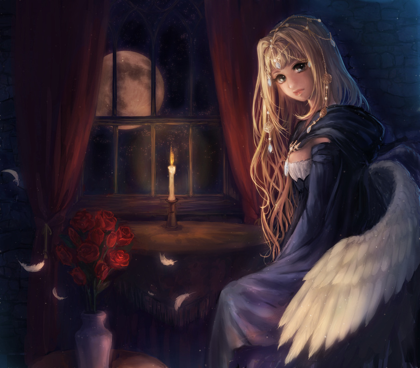 angel_wings blonde_hair bouquet candle curtains dark feathered_wings feathers flame flower full_moon furuhashi gem hair_ornament lips long_hair looking_at_viewer moon night original rose scenery sitting solo window wings