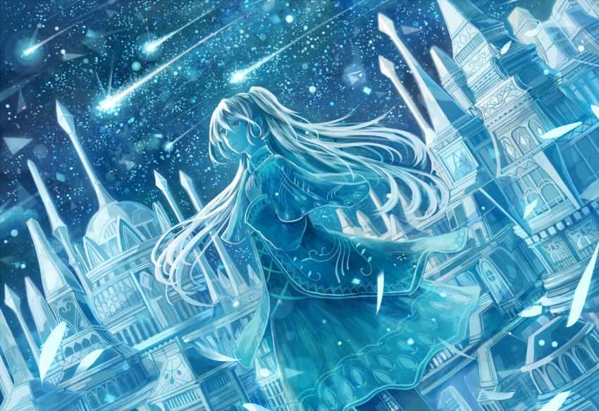 blue_eyes bou_nin capelet city cityscape cloud clouds dress dutch_angle expressionless fantasy hand_on_own_chest lavender_hair long_hair night night_sky original pantyhose ponytail scenery shapes shooting_star sky solo star_(sky) starry_sky