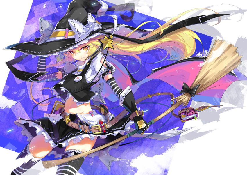 belt blonde_hair book broom elbow_gloves gloves hand_on_hat hat holding kirisame_marisa long_hair looking_at_viewer midriff navel skirt smile solo star striped test_tube thigh-highs thighhighs touhou very_long_hair wei_(hoshieve) witch_hat yellow_eyes