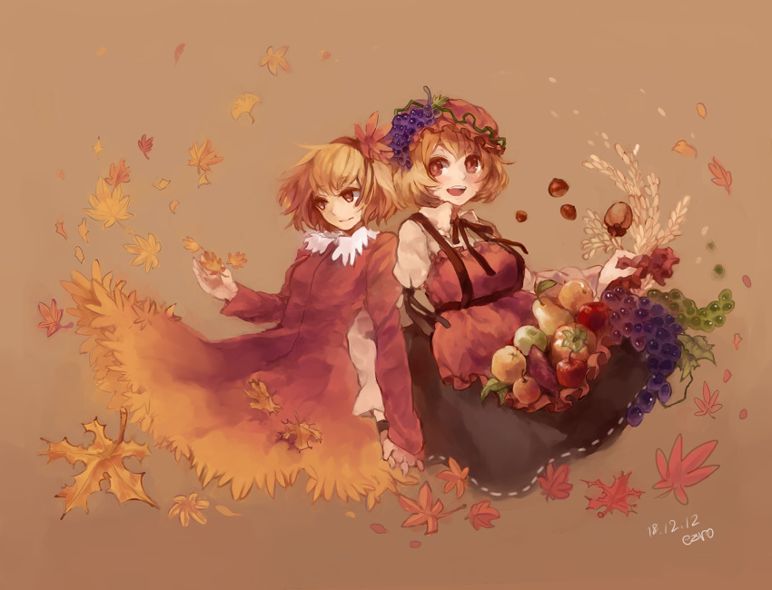 :d aki_minoriko aki_shizuha apple autumn_leaves blonde_hair brown_background dated dress ezroseven food fruit grapes hair_ornament hand_holding hat highres holding_hands leaf leaf_on_head multiple_girls open_mouth persimmon red_eyes short_hair siblings sisters skirt_basket smile sweet_potato touhou