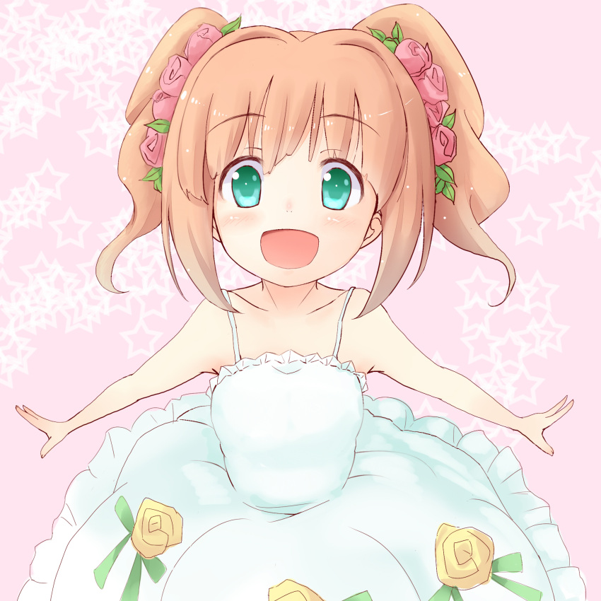 :d aqua_eyes bare_shoulders blush brown_hair collarbone dress flower hair_flower hair_ornament highres idolmaster looking_at_viewer open_mouth outstretched_arms simple_background smile solo takatsuki_yayoi twintails wakamizu white_background white_dress