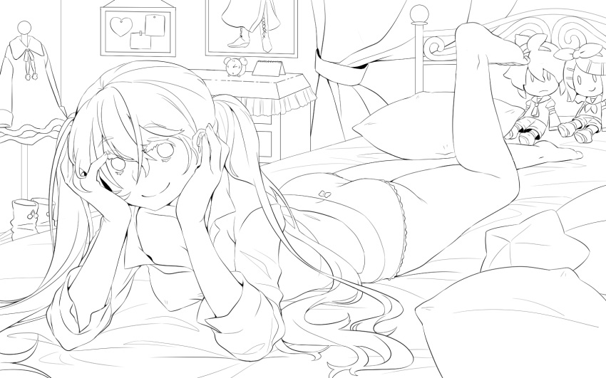 alarm_clock arm_support bed bedroom breasts character_doll cleavage clock hatsune_miku highres kagamine_len kagamine_rin lineart long_hair lying monochrome on_stomach panties shirane_koitsu sleeves_pushed_up smile twintails underwear very_long_hair vocaloid