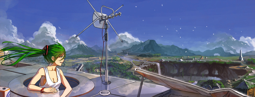 bracelet breasts cleavage cloud clouds floating_hair green_eyes green_hair hatsune_miku highres jewelry landscape lu_ying mountain radio_antenna reflection river sky solo tank_top vocaloid