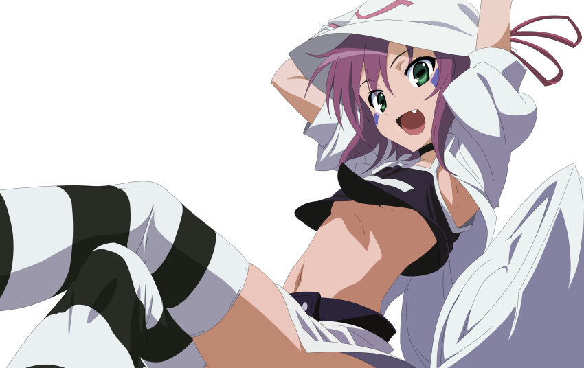 absurdres belt choker fang from_below green_eyes hat highres merry_nightmare midriff open_mouth purple_hair striped striped_legwear thigh-highs thighhighs transparent_background vector_trace zettai_ryouiki