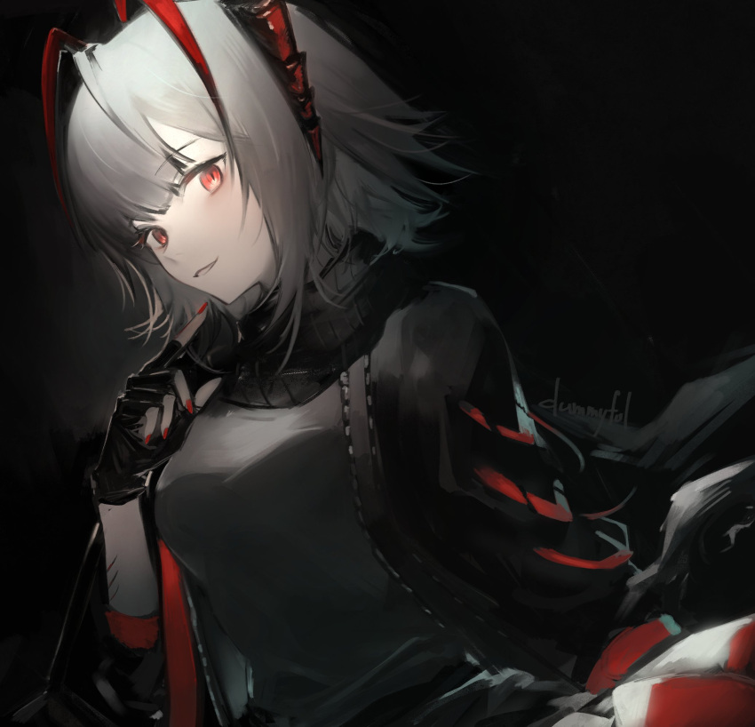 1girl arknights artist_name black_background black_gloves black_jacket black_scarf breasts commentary_request demon_girl demon_horns fingerless_gloves gloves grey_hair grey_shirt highres horns index_finger_raised jacket looking_at_viewer medium_breasts medium_hair open_clothes open_jacket parted_lips red_eyes red_nails scarf shirt simple_background smile solo tail upper_body uyuu_(hirameki) w_(arknights)