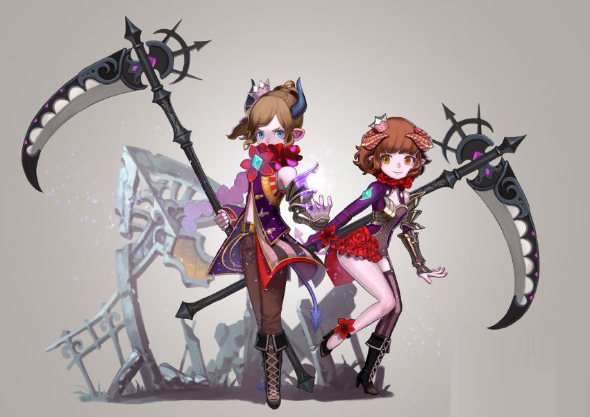 1boy 1girl brown_hair child couple crecentia crown curly_hair demon_girl devil horns magic myung-jin_lee noel official_art ragnarok_online_2:_legend_of_the_second scarf smile succubus tail warrior weapon