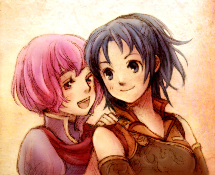 2girls bare_shoulders blue_eyes blue_hair catalina female_my_unit_(fire_emblem:_shin_monshou_no_nazo) fire_emblem fire_emblem:_shin_monshou_no_nazo graphite_(medium) hand_on_another's_shoulder intelligent_systems kris_(fire_emblem) kris_(fire_emblem)_(female) looking_back mixed_media multiple_girls my_unit_(fe12) my_unit_(fire_emblem:_shin_monshou_no_nazo) nintendo open_mouth ponytail purple_hair rio-sout scarf smile traditional_media