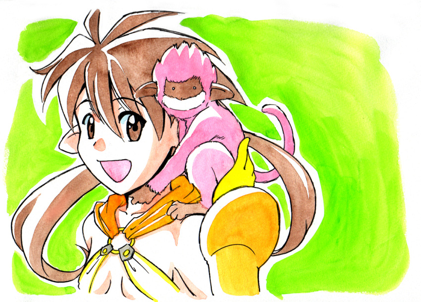 1girl brown_eyes brown_hair caracol looking_at_viewer monkey nowa on_shoulder open_mouth pointy_ears queen's_blade queen's_blade ruu_(queen's_blade) ruu_(queen's_blade) smile twintails