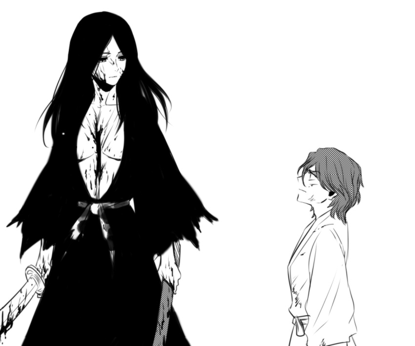 1girl aizen_sousuke bleach blood breasts cleavage eye_contact hair_down height_difference japanese_clothes katana kimono ktsis long_hair looking_at_another monochrome sword unohana_retsu weapon young yukata