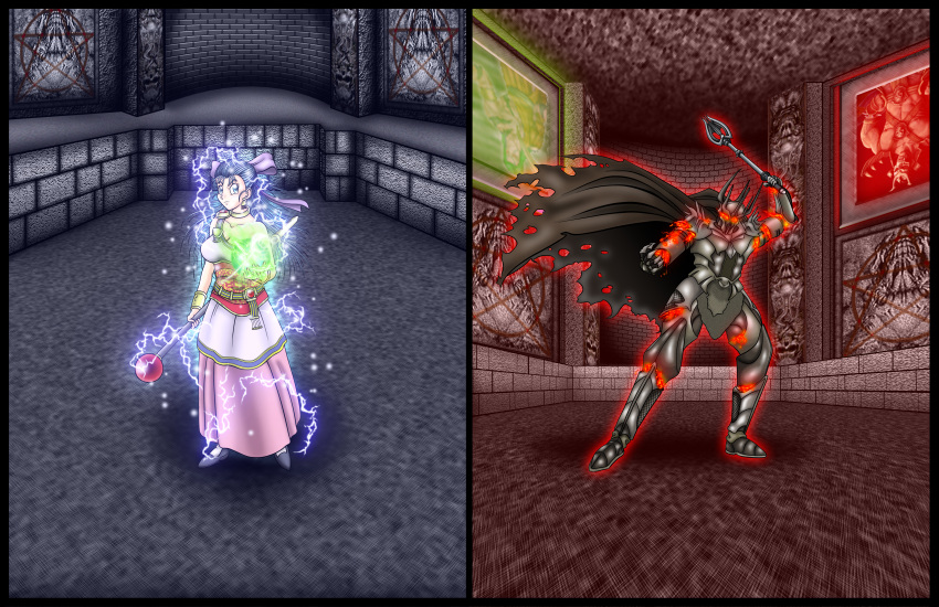 armor aura blue_eyes blue_hair bracelet cape choker cleavage confrontation crossover dragon_quest dragon_quest_v dress earrings electricity fighting_stance fire flora glare hair_ribbon helmet lord_of_the_rings mace magic mortal_kombat professormegaman sauron sceptre shao_kahn spell weapon