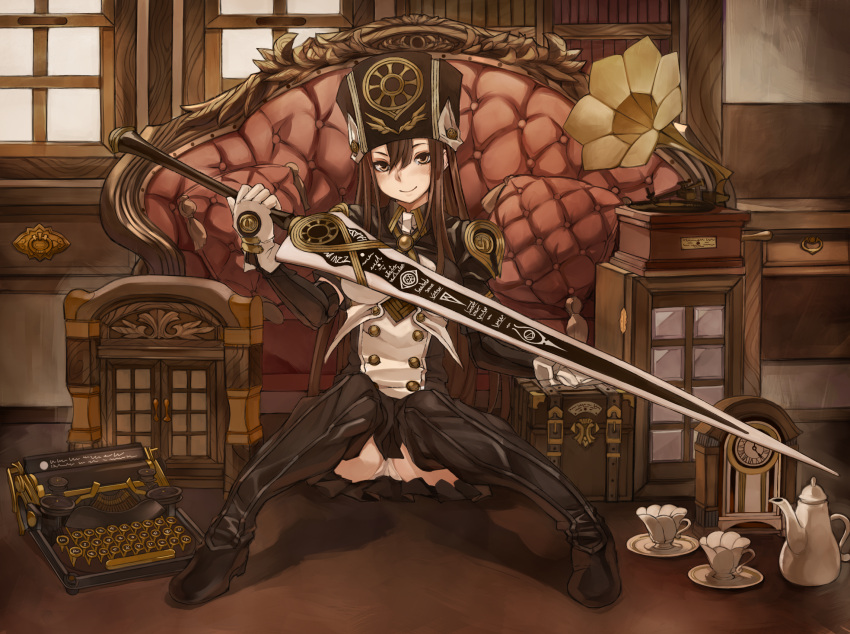 blush boots brown_eyes brown_hair clock couch cup gloves hat highres long_hair looking_at_viewer original panties pantyshot pantyshot_(sitting) phonograph pillow plate ricci sitting skirt smile solo sword teacup teapot thigh-highs thigh_boots thighhighs typewriter underwear weapon white_panties