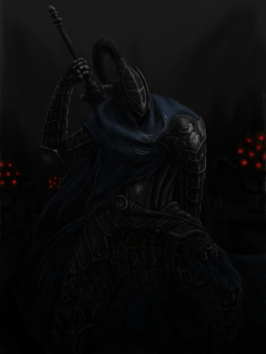 armor artorias_the_abysswalker cape dark dark_souls demon full_armor gauntlets helmet highres knight male monster oolacile_resident plume red_eyes sword weapon