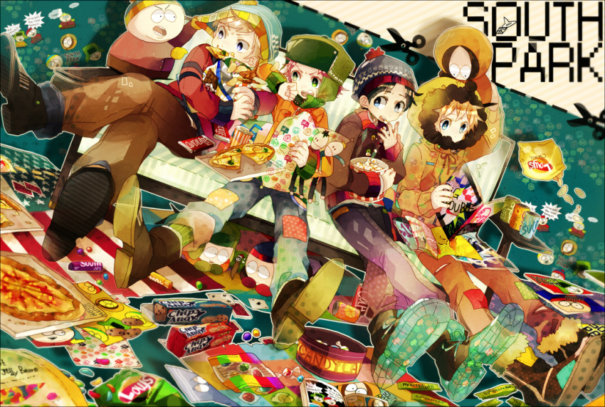 beanie black_hair blonde_hair blue_eyes boots brand_name_imitation brown_hair candy card chips chips_ahoy! chocolate_bar coat cookie dual_persona eating eric_cartman food green_eyes hat hoodie jacket kenny_mccormick kyle_broflovski lay's male maple_(cyakapon) multiple_boys parka pizza popcorn potato_chips red_hair redhead short_hair soda_can south_park stan_marsh title_drop winter_clothes