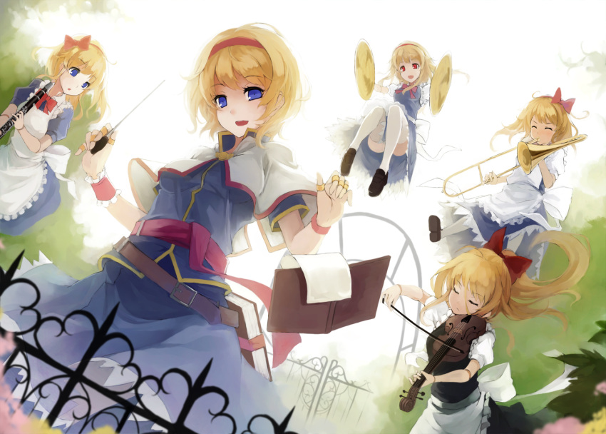 :d alice_margatroid apron belt blonde_hair blue_eyes book bow clarinet dutch_angle flute flying goliath_doll hair_bow hairband holding instrument looking_at_viewer nanahara_fuyuki open_book open_mouth playing_instrument ponytail shanghai shanghai_doll short_hair smile solo thigh-highs thighhighs touhou trumpet violin waist_apron white_legwear