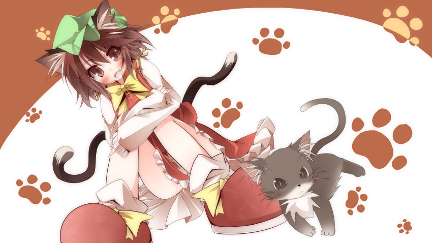 animal_ears blush bow brown_eyes brown_hair cat cat_ears cat_tail chen crossed_arms daidai_ookami ear_piercing fang hat highres jewelry long_sleeves looking_at_viewer multiple_tails open_mouth paw_print piercing red_shoes shirt shoes short_hair single_earring sitting skirt skirt_set solo tail touhou vest