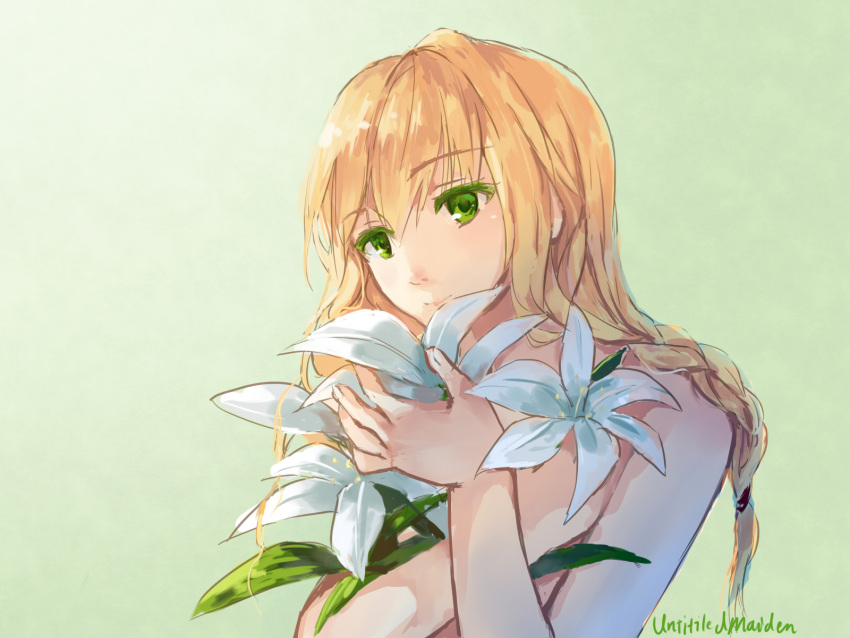 blonde_hair braid colored_eyelashes fancybetty flower green_eyes highres holding holding_flower lily_(flower) majo_no_ie simple_background solo twin_braids viola_(majo_no_ie)