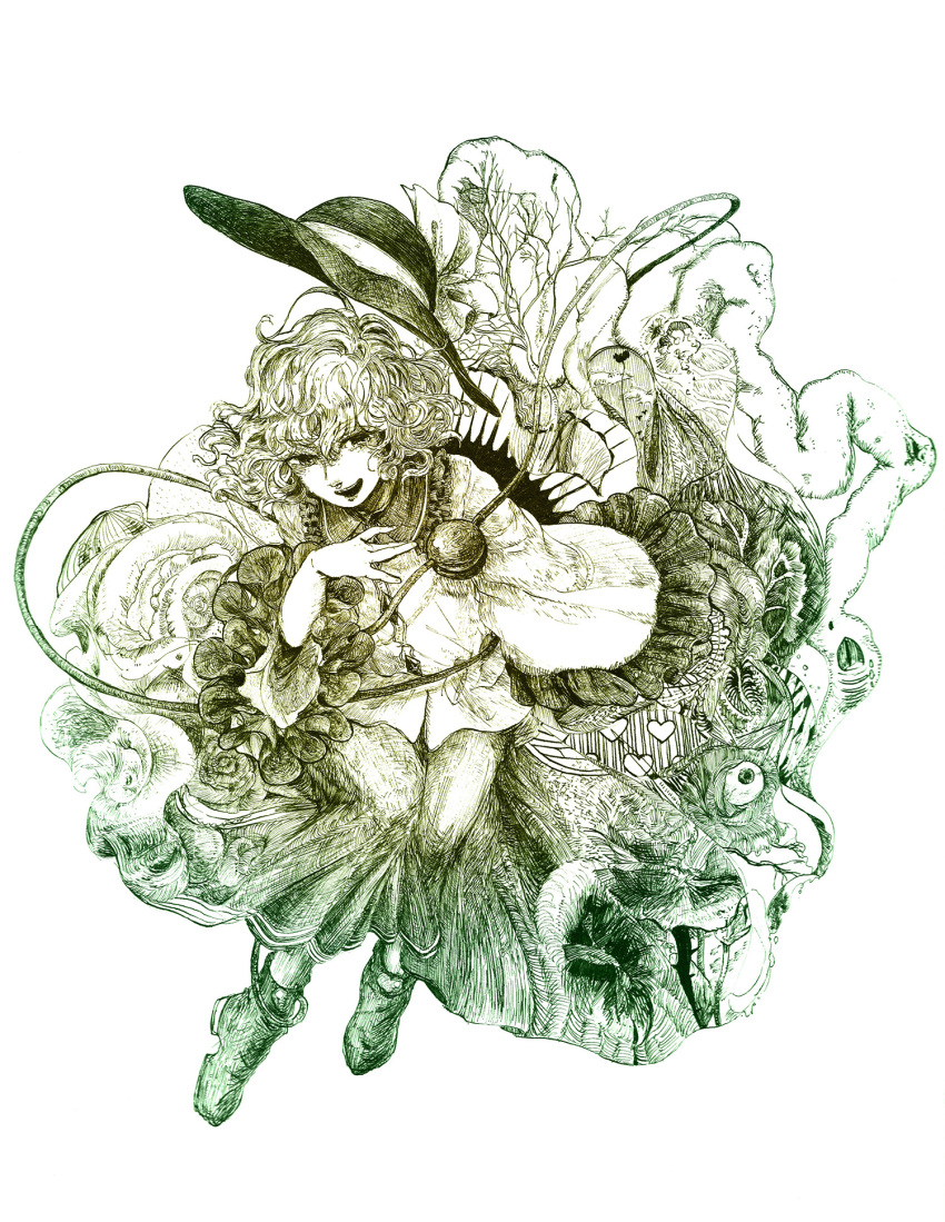 1girl boots flower green_hair hat headwear_removed heart highres kimochi komeiji_koishi long_sleeves looking_at_viewer monochrome open_mouth ribbon short_hair skirt solo third_eye touhou traditional_media wide_sleeves