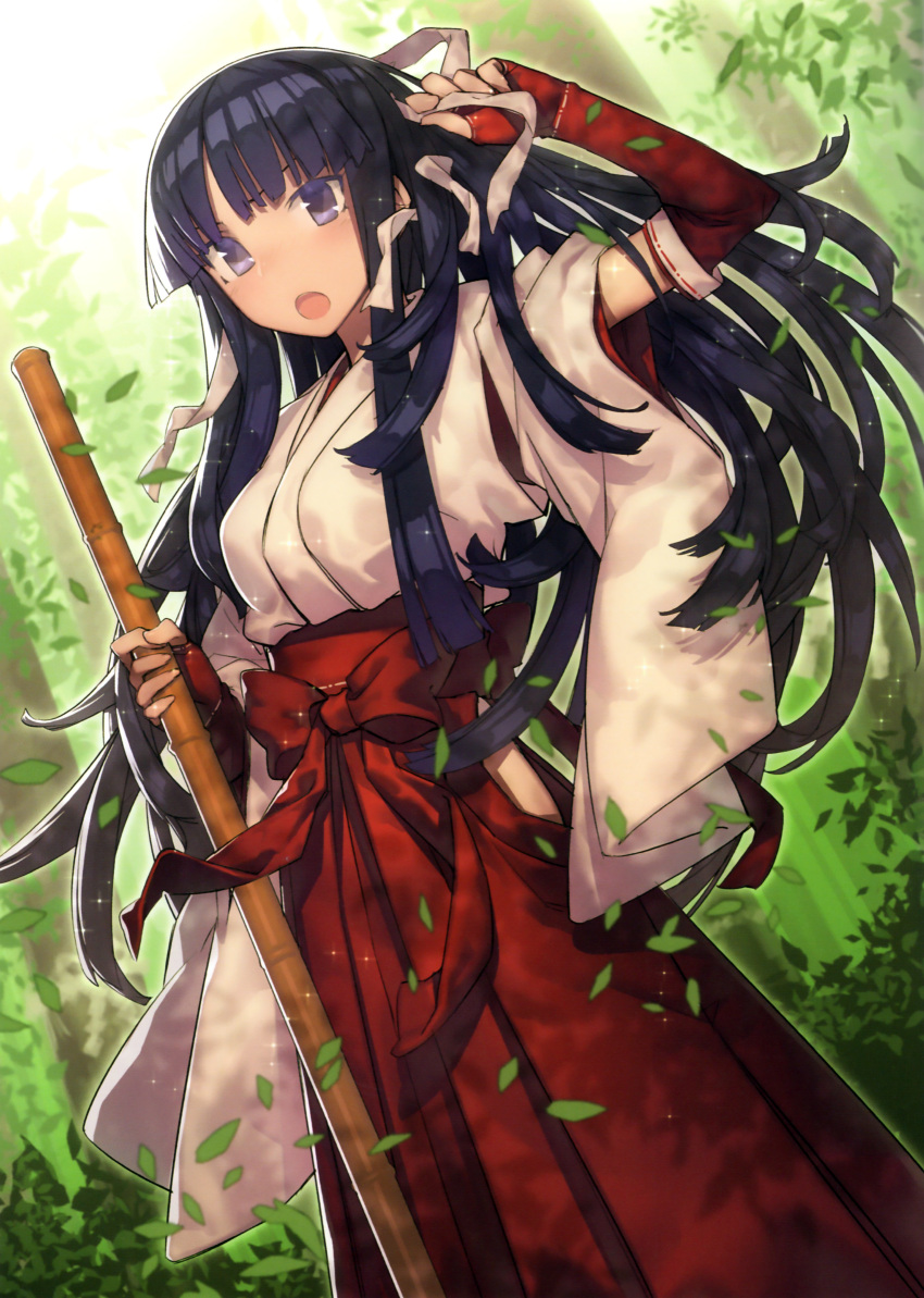 :o absurdres bamboo_broom bangs black_eyes black_hair blunt_bangs blush broom dutch_angle elbow_gloves fingerless_gloves from_below gloves hakama highres hime_cut huge_filesize japanese_clothes leaf long_hair looking_at_viewer mckeee miko open_mouth original red_gloves scan solo