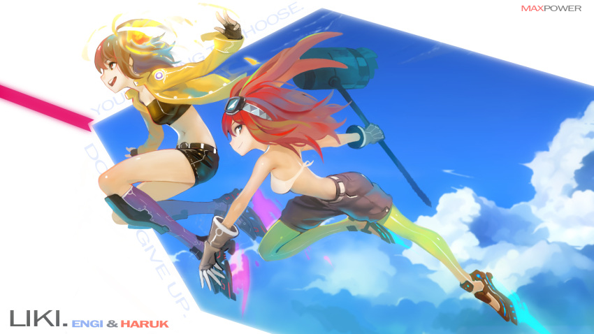 2girls :d bare_shoulders bikini_top black_gloves blue_sky boots brown_eyes brown_hair fingerless_gloves flying gloves goggles goggles_on_head green_legwear hammer highres jacket ladic long_hair midriff miniskirt multiple_girls navel open_mouth original purple_legwear red_eyes redhead skirt sky smile thigh-highs tubetop