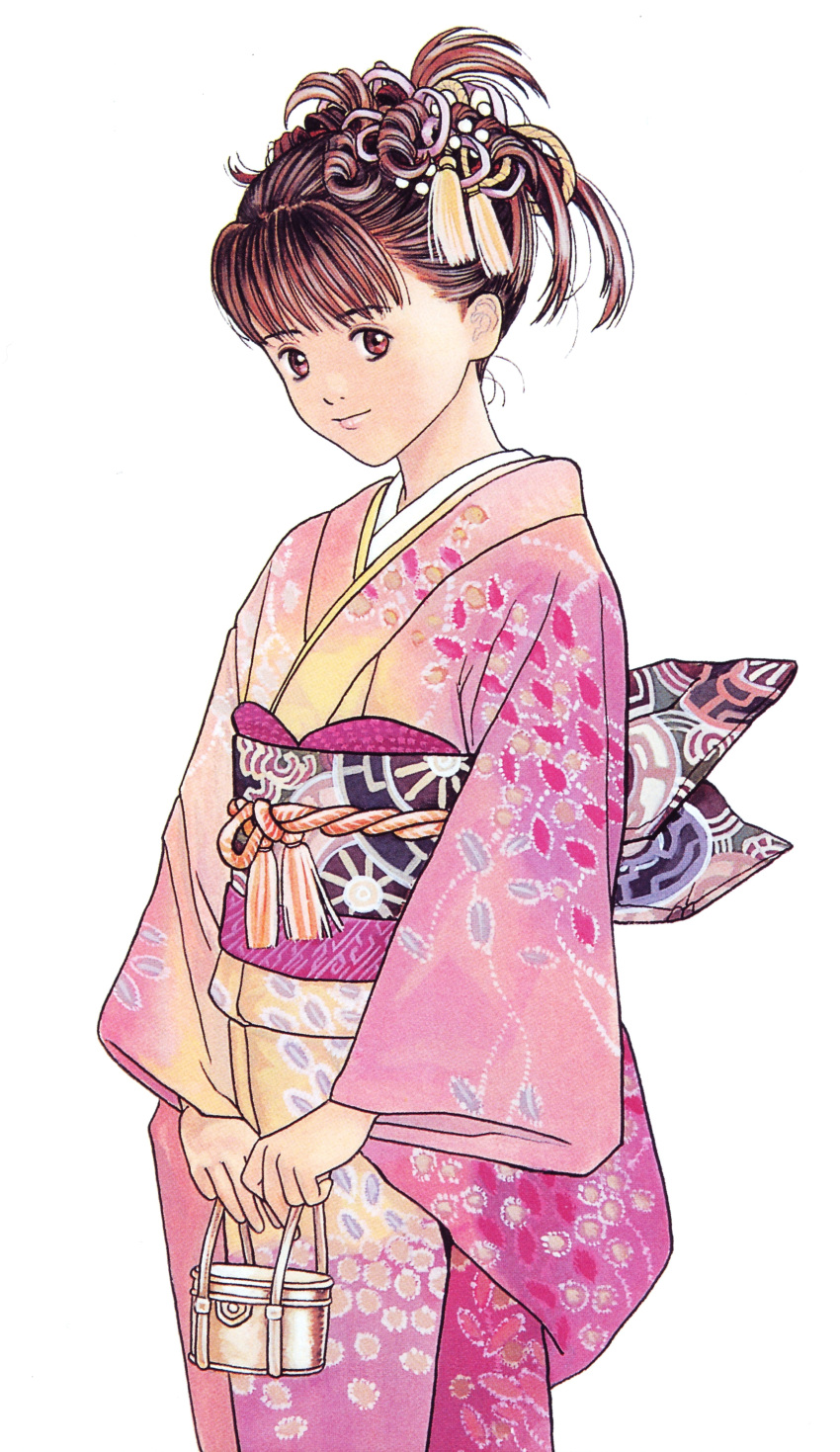 absurdres brown_eyes brown_hair hair_ornament highres i"s japanese_clothes katsura_masakazu kimono official_art solo yoshizuki_iori