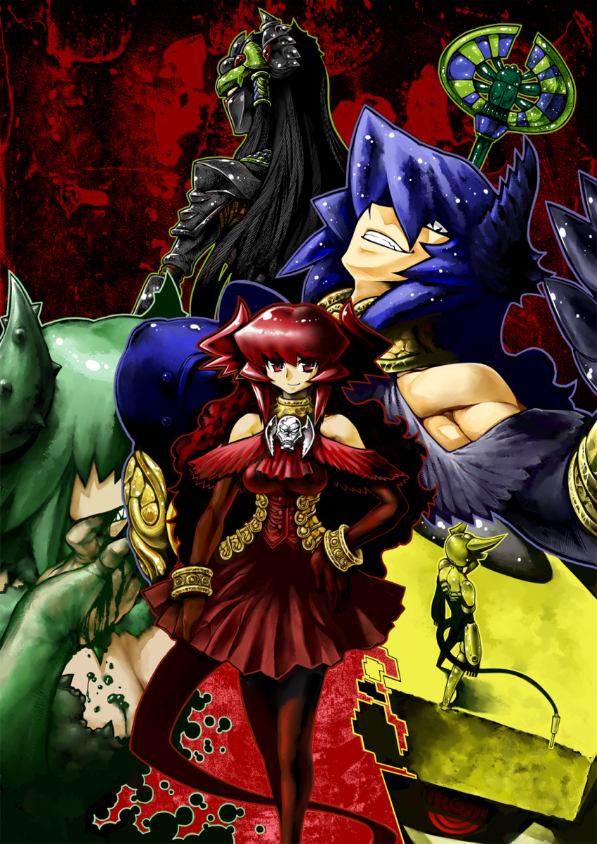alexander_(artist) bare_shoulders black_hair breasts character_request cleavage corset crossed_legs_(standing) demon_girl demon_tail elbow_gloves erect_nipples gloves green_hair hair_over_one_eye hand_on_hip highres horns jewelry large_breasts long_hair maou_beluzel multiple_girls muscle necklace nise_maou_kanizeru original pantyhose purple_hair red_eyes red_gloves red_hair redhead skirt skull smile spikes tail very_long_hair yuusha_to_maou