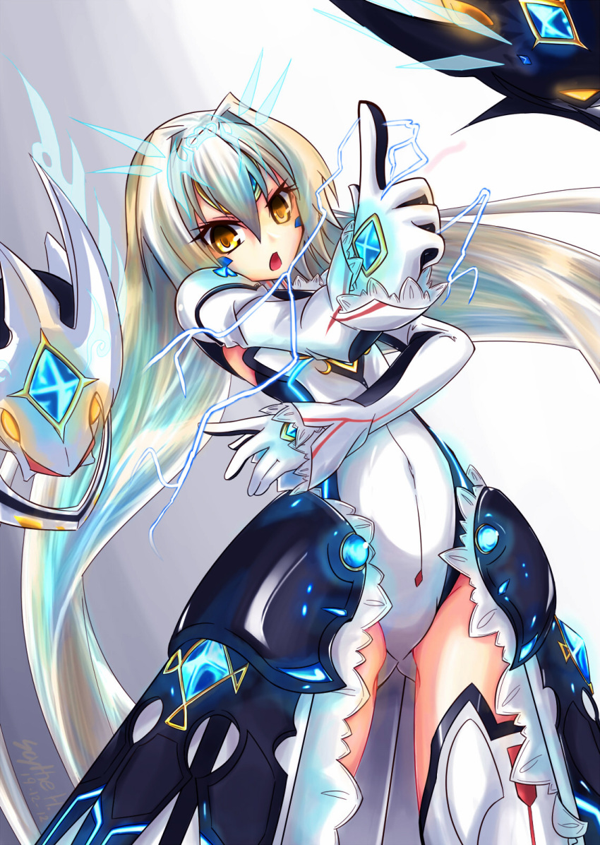 2012 arched_back armor clothed_navel dated electricity elsword eve_(elsword) gloves hair_intakes highres leotard long_hair miyabi_urumi no_nose open_mouth signature solo thigh-highs thighhighs white_hair yellow_eyes