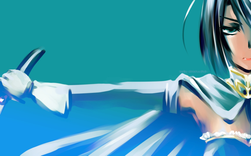blue_eyes blue_hair cape detached_sleeves gloves magical_girl mahou_shoujo_madoka_magica mike156 miki_sayaka outstretched_arm short_hair simple_background solo