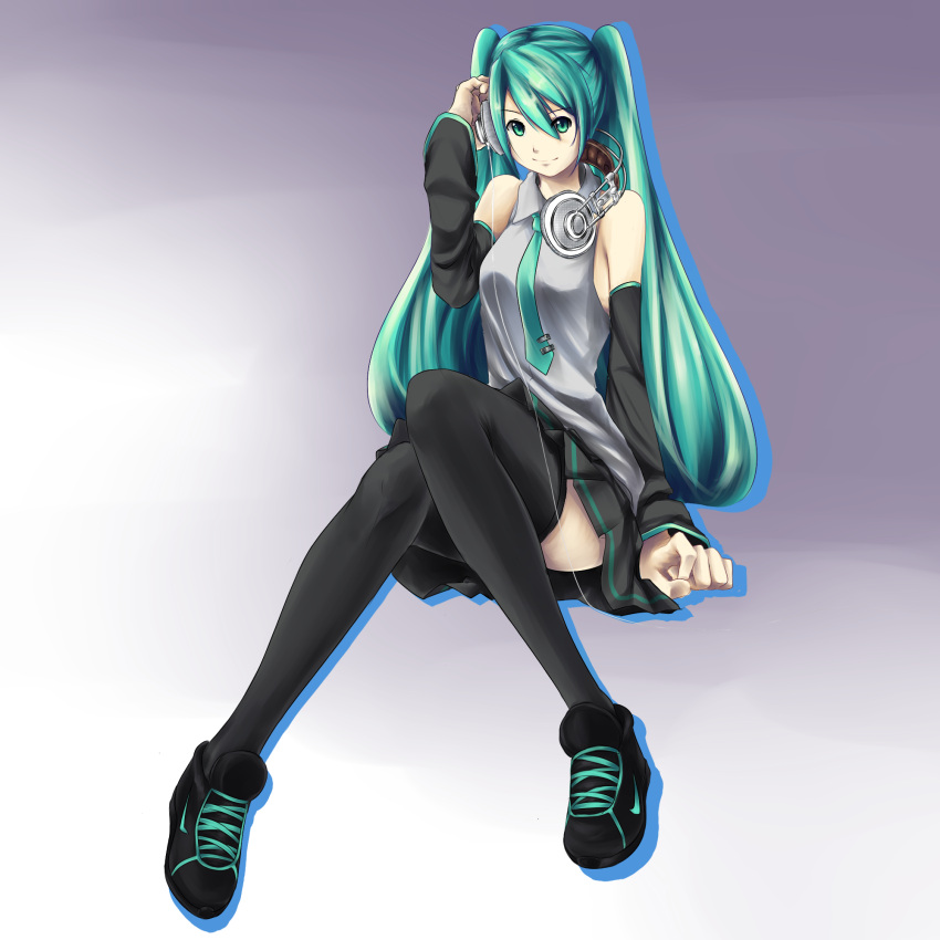 aerlai akg cable detached_sleeves green_eyes green_hair hatsune_miku headphones highres knees_together_feet_apart long_hair necktie nike shoes sitting skirt smile sneakers solo thigh-highs thighhighs twintails very_long_hair vocaloid