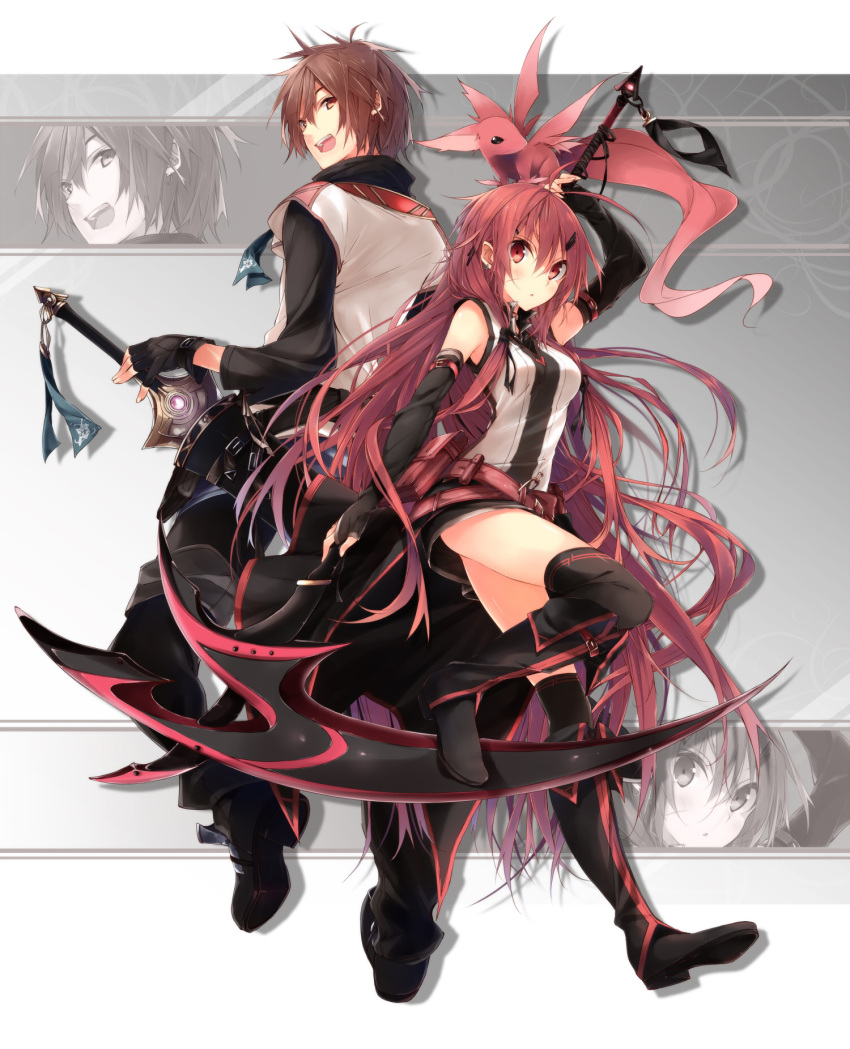 1boy 1girl animal back-to-back black_legwear boots brown_eyes brown_hair gloves highres kuwashima_rein long_hair original pants pink_eyes pink_hair scythe sheath short_shorts shorts sword thigh-highs thighhighs weapon zoom_layer