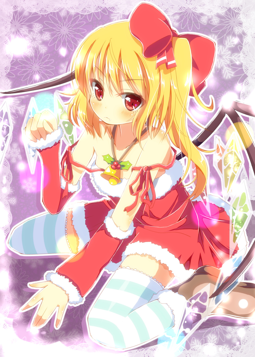bare_shoulders bell blonde_hair bow detached_sleeves flandre_scarlet hair_bow highres looking_at_viewer mistletoe outline red_eyes santa_costume side_ponytail sitting solo striped striped_legwear thigh-highs thighhighs touhou wariza wings yuimari zettai_ryouiki
