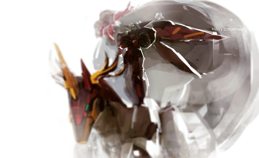 christmas crossed_arms deer fuunsaiki g_gundam glowing glowing_eyes gundam highres horns master_gundam mecha merry_christmas pump_(artist) sack simple_background standing white_background wings