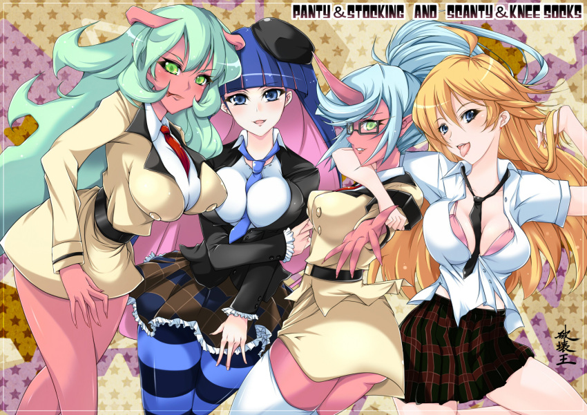 :p ahoge alternate_costume arm_around_neck artist_request belt beret blazer blonde_hair blue_eyes blue_hair bra breasts bxssp754 character_name cleavage demon_girl fangs frame frilled_sleeves glasses green_eyes green_hair hat horn horns impossible_clothes kneesocks_(psg) long_hair long_sleeves looking_at_viewer midriff multicolored_hair multiple_girls necktie outstretched_hand panty_&amp;_stocking_with_garterbelt panty_(psg) pink_hair plaid plaid_skirt pointy_ears ponytail red_skin scanty_(psg) school_uniform siblings silver_hair sisters skirt smile solo star starry_background stocking_(psg) striped striped_legwear striped_thighhighs thick_thighs thigh-highs thighhighs thighs tie tongue tongue_out two-tone_hair unbuttoned underwear white_legwear white_thighhighs zettai_ryouiki