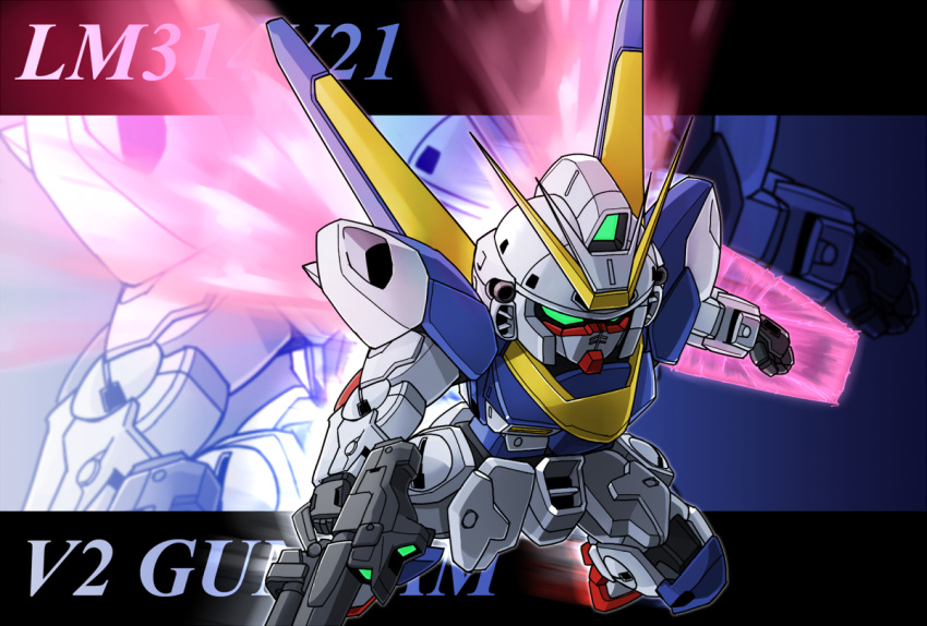 character_name chibi glowing glowing_wings gun gundam mecha memento_vivi motion_blur no_humans shield solo v2_gundam victory_gundam weapon wings zoom_layer