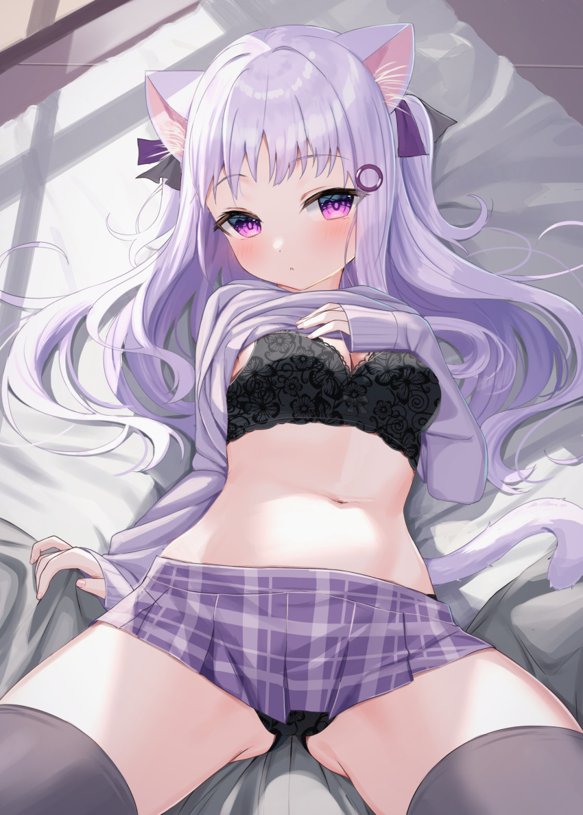 1girl animal_ear_fluff animal_ears ass_visible_through_thighs bangs bed_sheet black_bra black_legwear black_panties blush bra cat_ears cat_girl cat_tail closed_mouth clothes_lift commentary_request eyebrows_visible_through_hair highres lifted_by_self long_hair long_sleeves looking_at_viewer lying on_back original panties plaid plaid_skirt pleated_skirt purple_hair purple_shirt purple_skirt shirt shirt_lift skirt sleeves_past_wrists solo tail thigh-highs tsukiman underwear very_long_hair violet_eyes