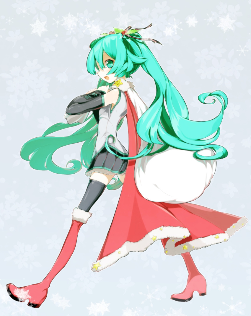 boots cape detached_sleeves green_eyes green_hair hatsune_miku high_heels highres holly long_hair moffri profile sack shoes simple_background skirt snowflakes solo thigh-highs thigh_boots thighhighs twintails very_long_hair vocaloid walking