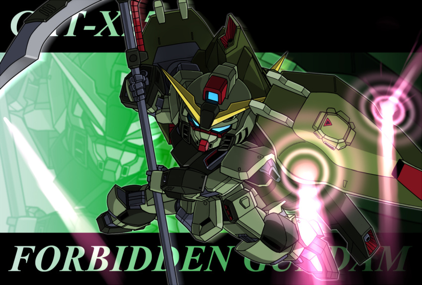 energy_beam forbidden_gundam gun gundam gundam_seed machine_gun mecha memento_vivi no_humans scythe shield solo weapon zoom_layer