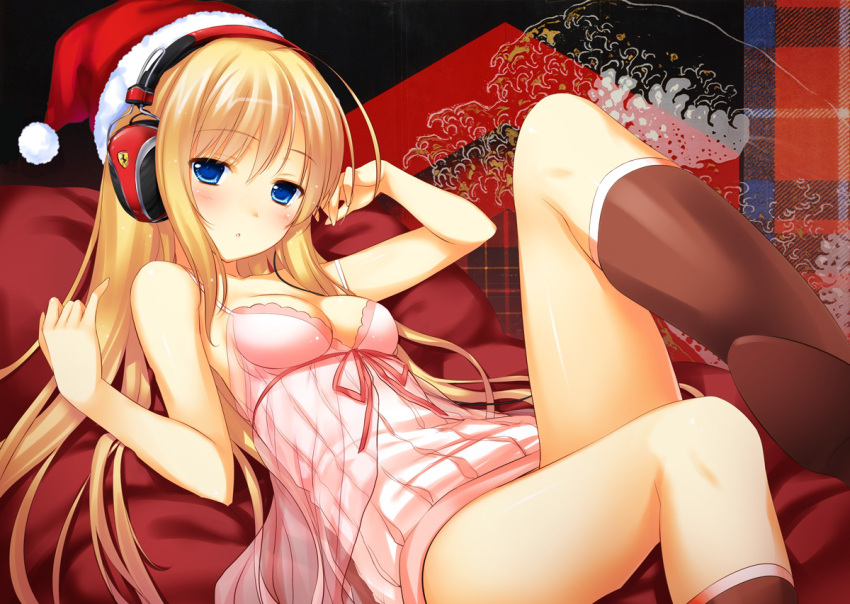 47agdragon babydoll blonde_hair blue_eyes blush boots breasts christmas cleavage dress ferrari hat headphones legs logo long_hair lying original red_legwear santa_hat