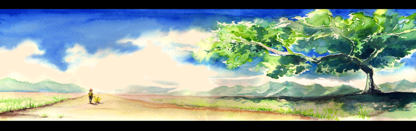 1boy bag baseball_cap blue_sky cloud clouds hat highres landscape letterboxed long_image pikachu pokemon pokemon_(creature) pokemon_(game) pokemon_rgby red_(pokemon) sei_jun sky tree walking wide_image