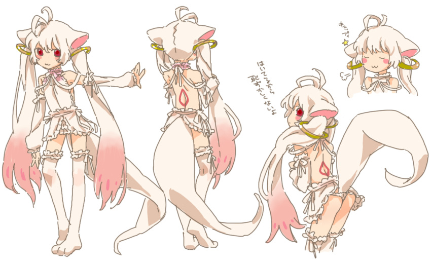 :3 ahoge androgynous animal_ears animal_tail ass blush blush_stickers boy character_sheet crossdressing crossdressinging detached_sleeves eyes_closed jewelry kyubey kyuubee long_hair looking_back mahou_shoujo_madoka_magica male nekoyanagi_moyo personification red_eyes ring skirt smile solo tail thigh-highs thighhighs trap turnaround twintails white_hair white_legwear white_thighhighs