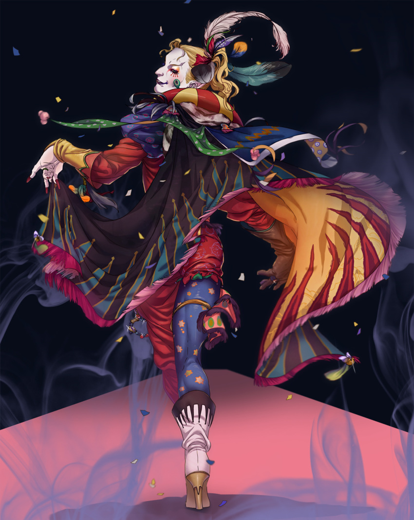 blonde_hair cape cefca_palazzo clown facepaint feathers final_fantasy final_fantasy_vi high_heels highres jewelry lipstick looking_back makeup nail_polish nshi pale_skin pantyhose pointy_ears ring shoes single_glove smile solo