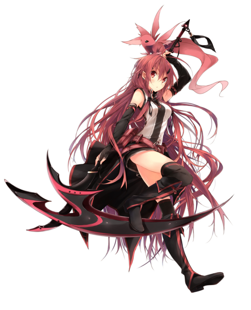 black_legwear boots copyright_request highres kuwashima_rein long_hair pink_eyes pink_hair scythe short_shorts shorts solo thigh-highs thighhighs