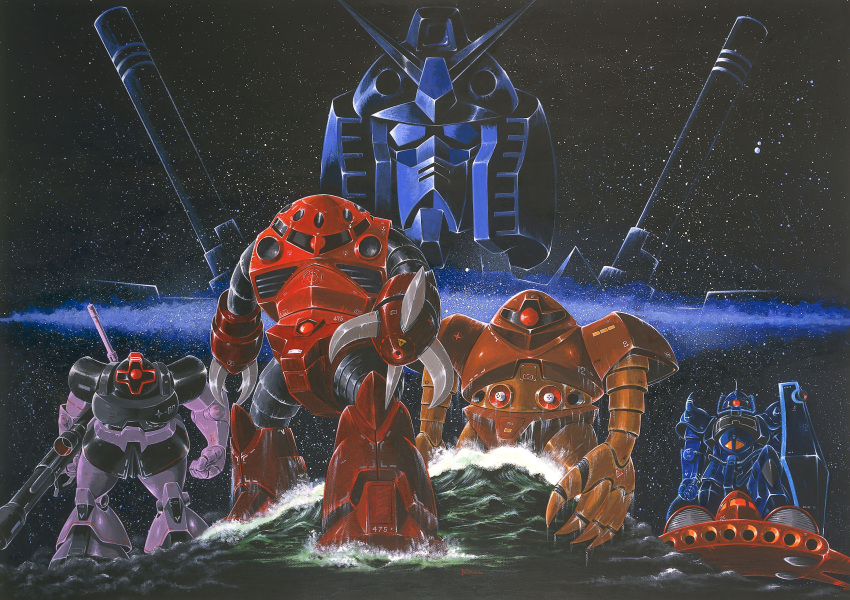 80s absurdres bazooka claws dodai_ys dom epic galaxy gogg gouf gundam highres mecha mobile_suit mobile_suit_gundam movie_poster no_humans ocean official_art oldschool ookawara_kunio poster realistic rx-78-2 science_fiction space space_craft star_(sky) traditional_media waves weapon z'gok z'gok_char_custom z'gok z'gok_char_custom
