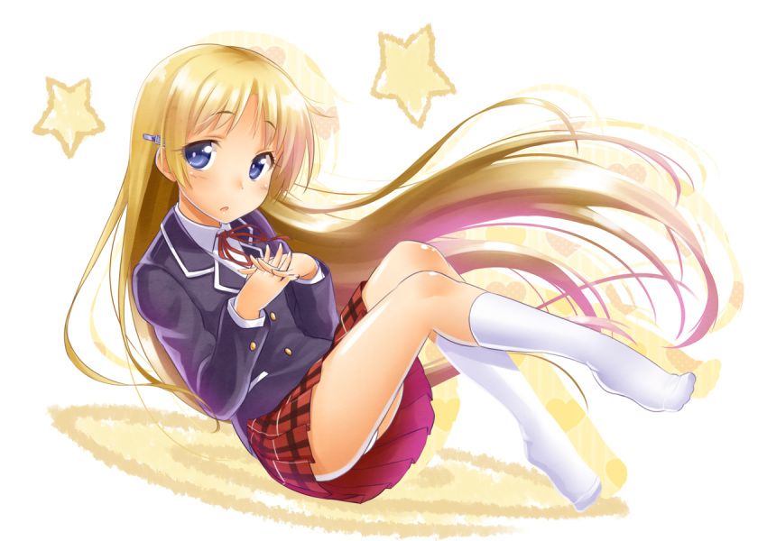 :o alternate_hairstyle blonde_hair blue_eyes blush chuunibyou_demo_koi_ga_shitai! dekomori_sanae kneehighs long_hair okitakung ribbon school_uniform skirt socks solo star