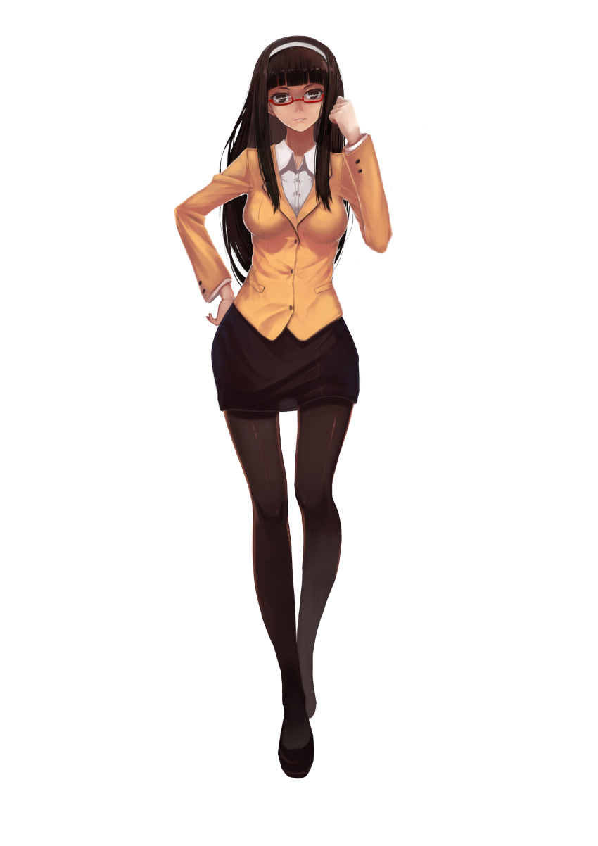 1girl absurdres adjusting_hair alternate_costume bespectacled black_hair breasts female formal glasses grin hairband hand_on_hip highres hime_cut houraisan_kaguya long_hair miniskirt office_lady pantyhose red_eyes skirt smile sola7764 solo suit touhou white_background