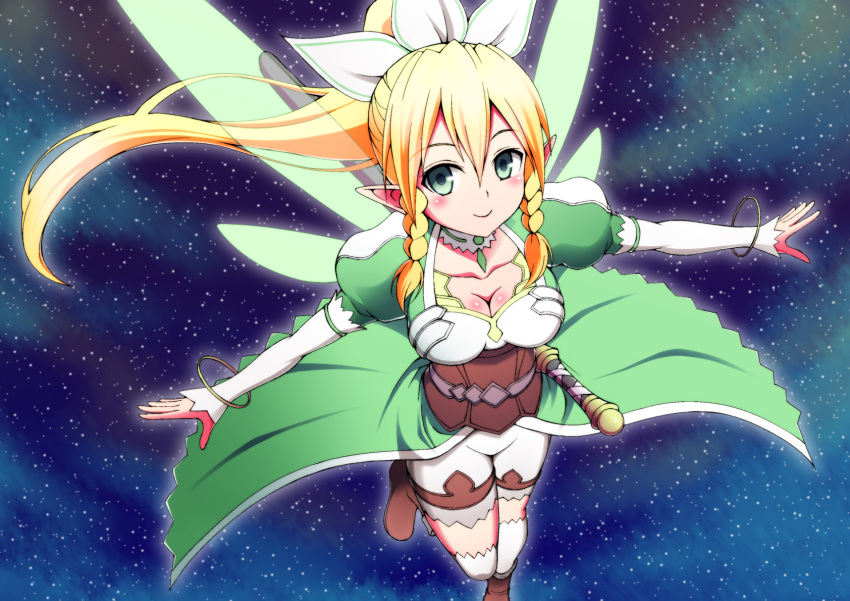 blonde_hair braid breasts choker cleavage elf flying green_eyes highres leafa long_hair ookami_maito outstretched_arms pointy_ears ponytail smile solo sword_art_online twin_braids wings