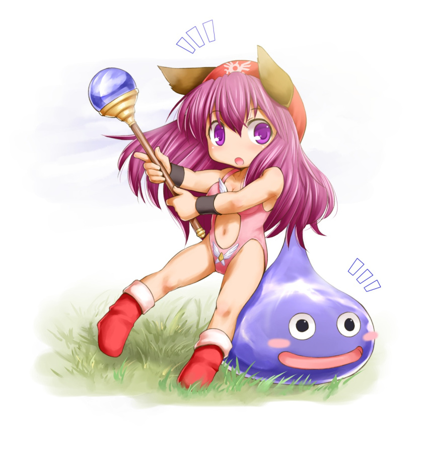 animal_ears blush_stickers bobby_socks boots breasts chibi cleavage dragon_quest dragon_quest_ii hat highres kasuga_yukihito leotard long_hair navel navel_cutout open_mouth princess_of_moonbrook purple_eyes purple_hair slime_(dragon_quest) socks staff violet_eyes