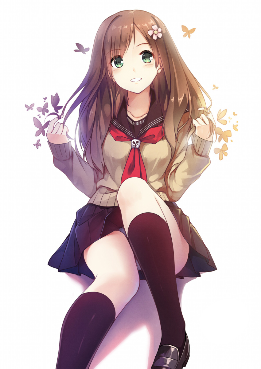 black_legwear brown_hair butterfly caidychen collarbone flower green_eyes hair_flower hair_ornament hair_twirling highres kneehighs loafers long_hair original parted_lips pleated_skirt shadow shoes simple_background sitting skirt smile solo sweater