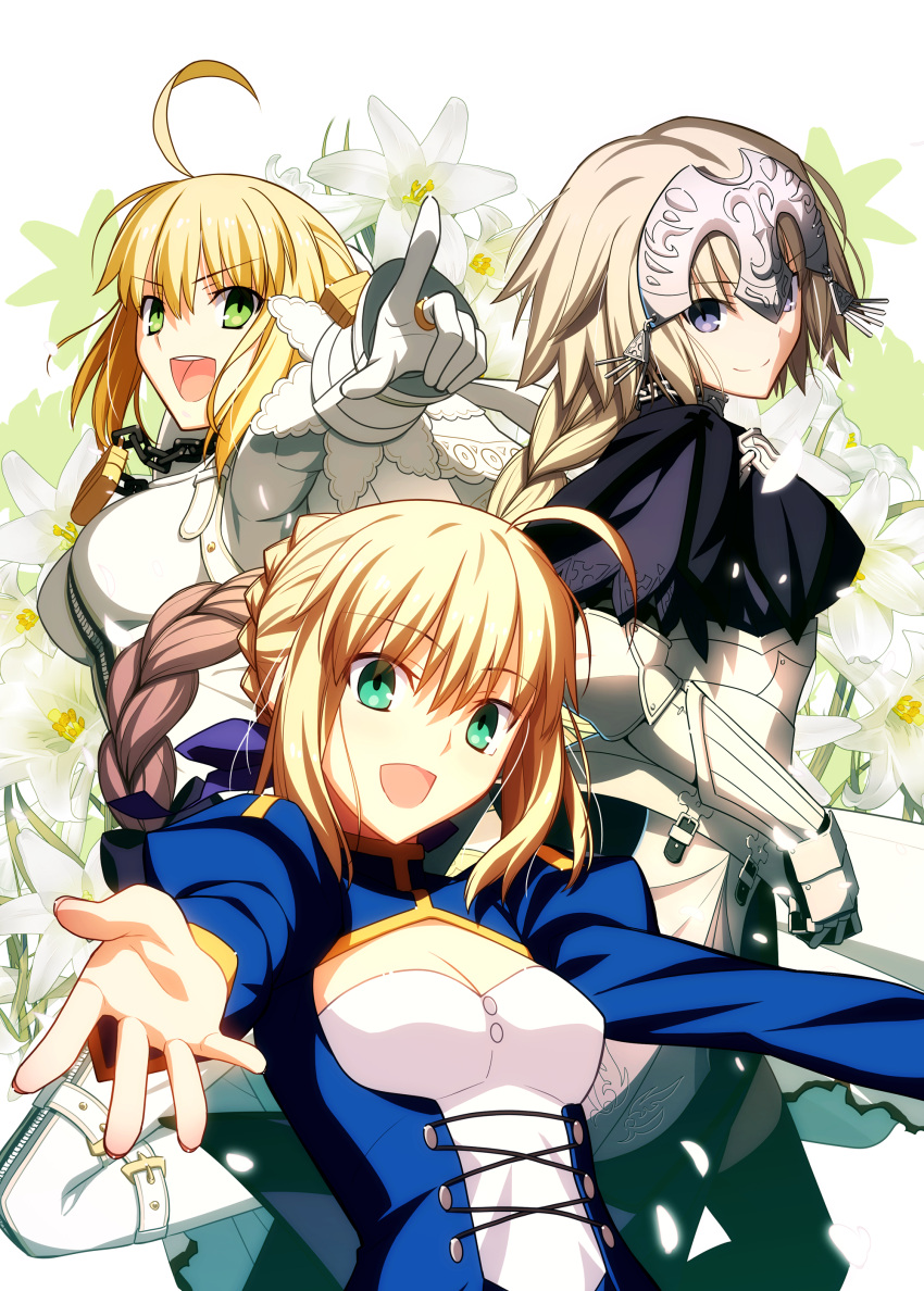 &gt;:d :d absurdres ahoge armor armored_dress belt black_legwear blonde_hair blue_dress blue_eyes bodysuit braid breasts capelet chain chains dress fate/apocrypha fate/extra fate/extra_ccc fate/stay_night fate/zero fate_(series) faulds flower gauntlets green_eyes hair_ribbon headpiece highres jeanne_d'arc_(fate/apocrypha) jeanne_d'arc_(fate/apocrypha) lock long_hair multiple_girls open_mouth outstretched_arms padlock pointing ribbon ruler_(fate/apocrypha) saber saber_bride saber_extra short_hair single_braid smile takeuchi_takashi thigh-highs thighhighs type-moon veil zipper